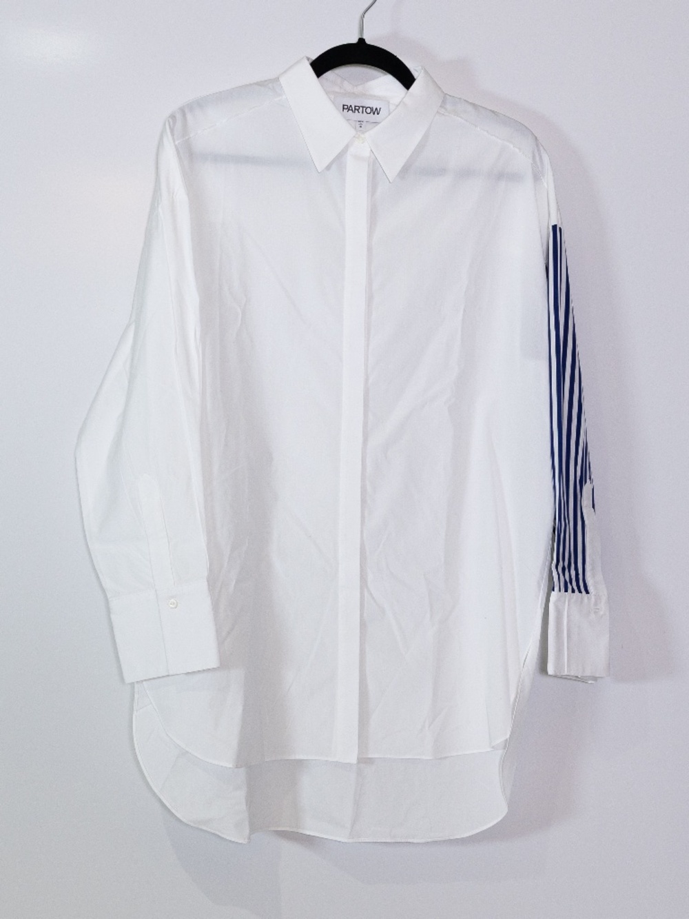 Partow Women's Cotton Poplin Collared Button Down Stripe Sleeve Blouse Shirt Top